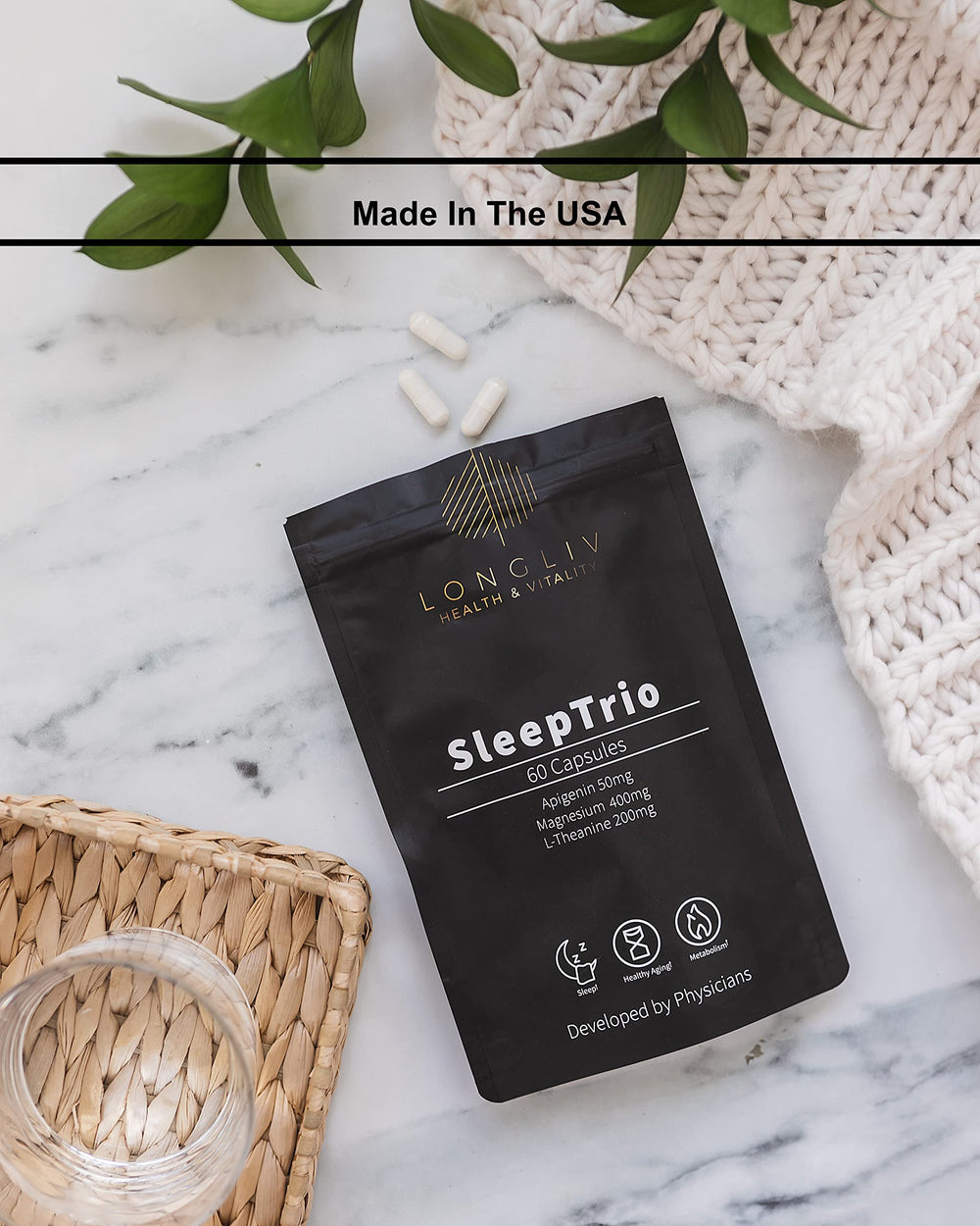 LongLiv Health and Vitality producto en habitación relajante para ilustrar uso nocturno