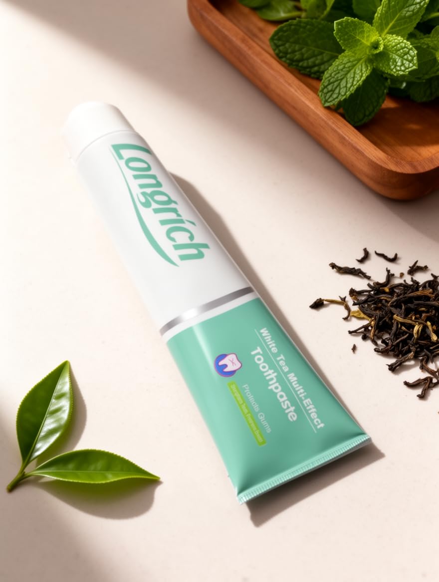 Longrich pasta dental aplicada en cepillo para uso diario cómodo