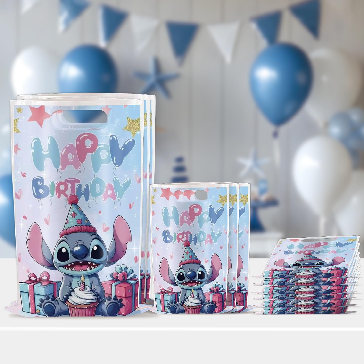 Losede bolsas llenas en mesa de fiesta, facilita entrega de dulces