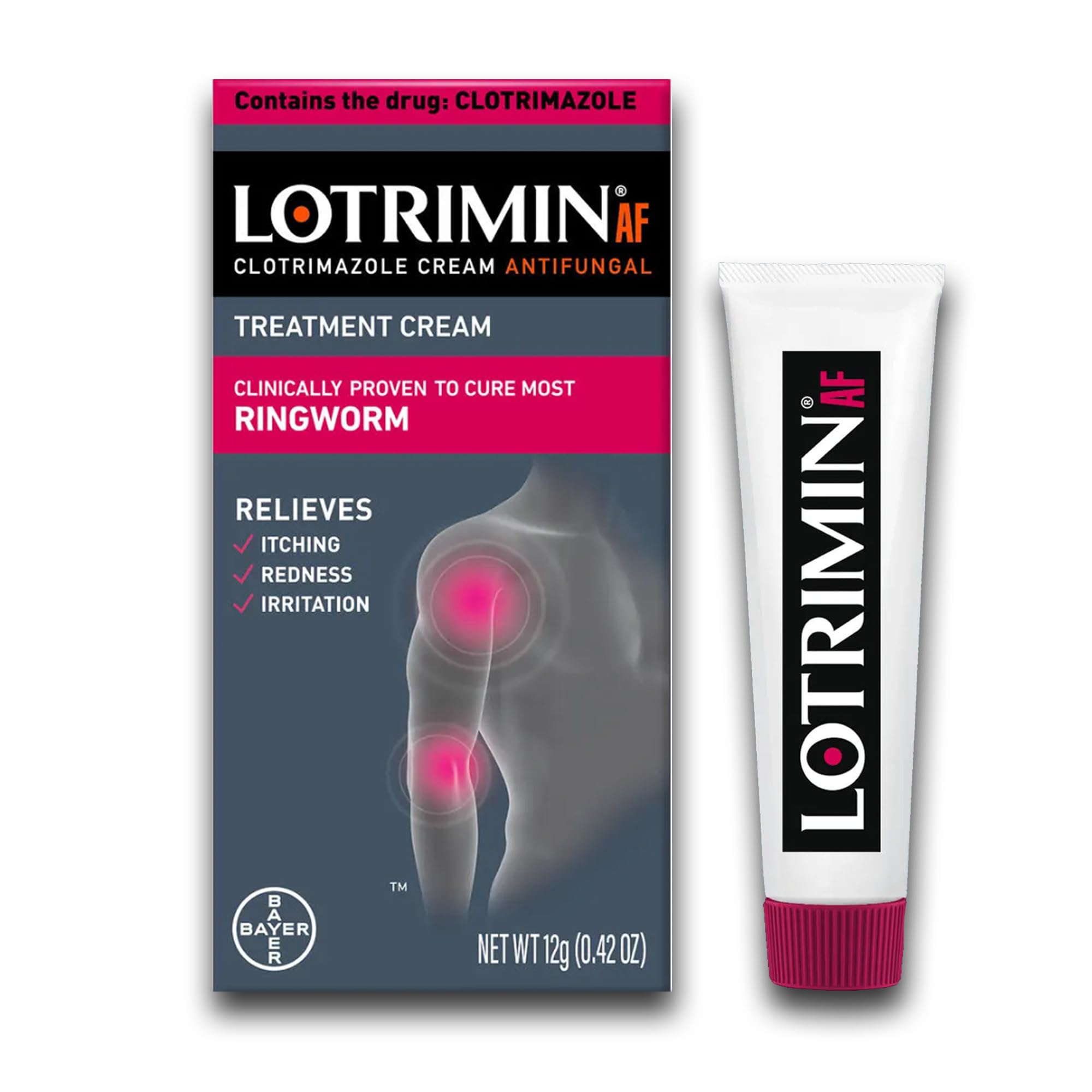 Lotrimin frente del tubo mostrando marca y tamaño, fácil de identificar y llevar