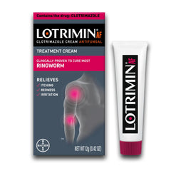 Lotrimin frente del tubo mostrando marca y tamaño, fácil de identificar y llevar