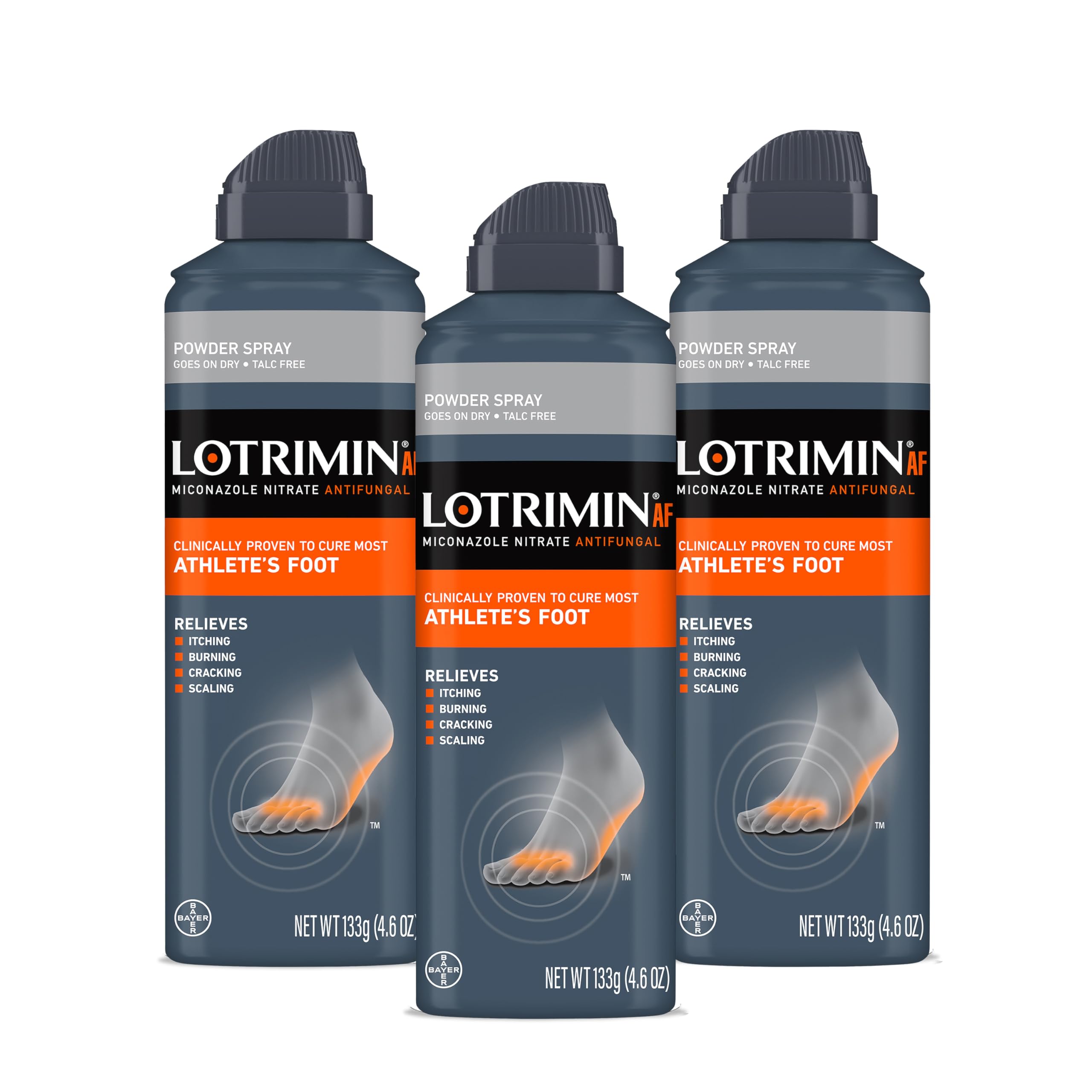 Lotrimin spray frente del empaque mostrando lata y beneficio de alivio rápido