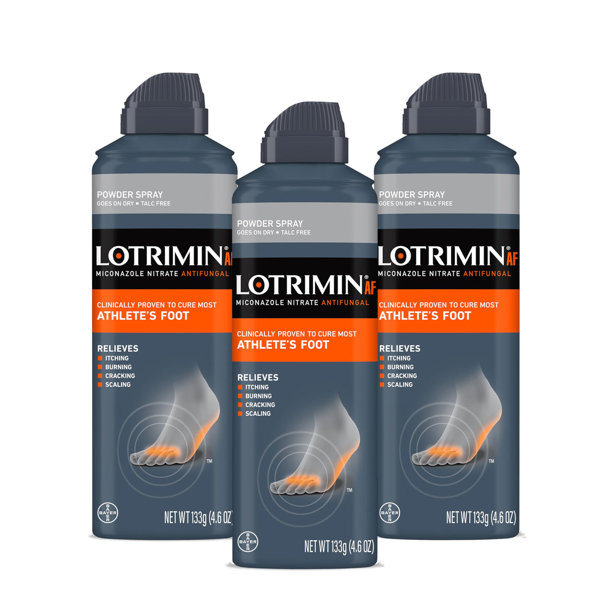 Lotrimin spray frente del empaque mostrando lata y beneficio de alivio rápido