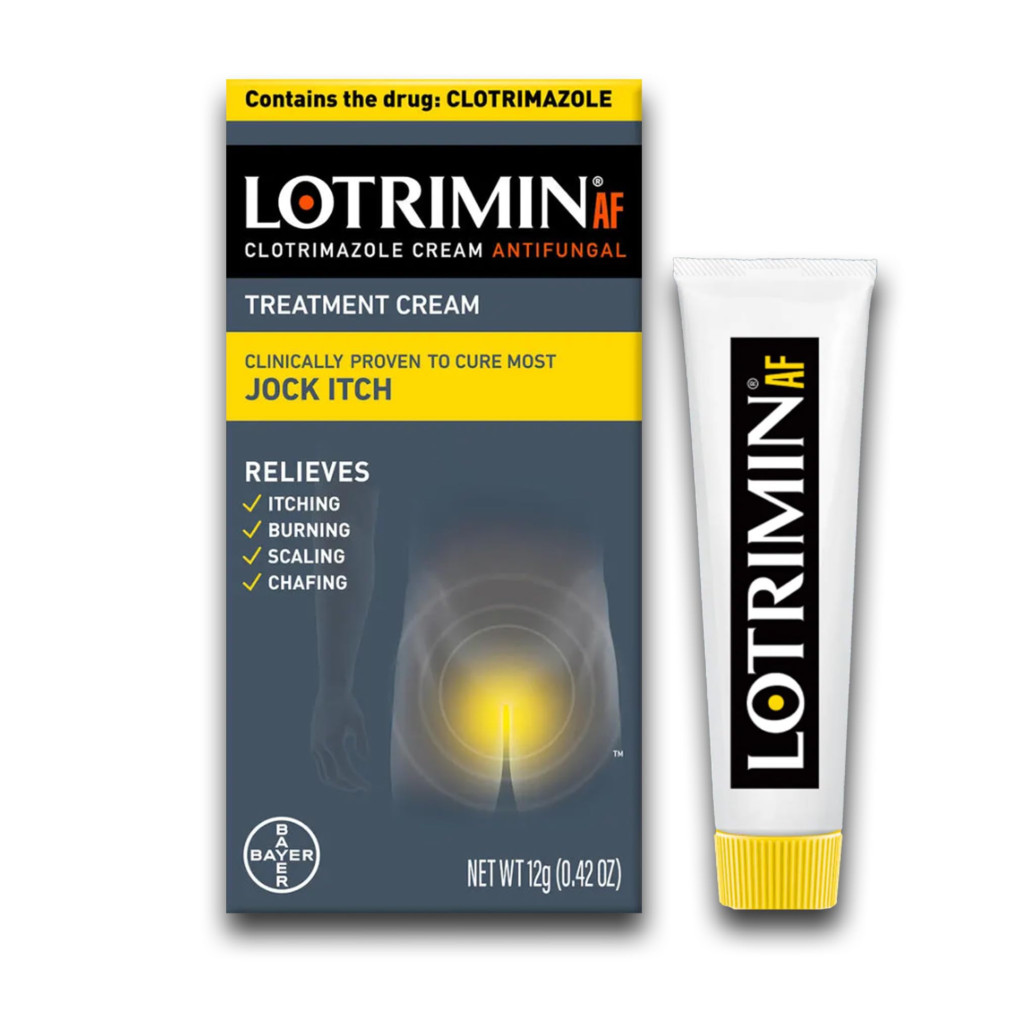 Lotrimin tubo de frente mostrando la marca y aplicación fácil