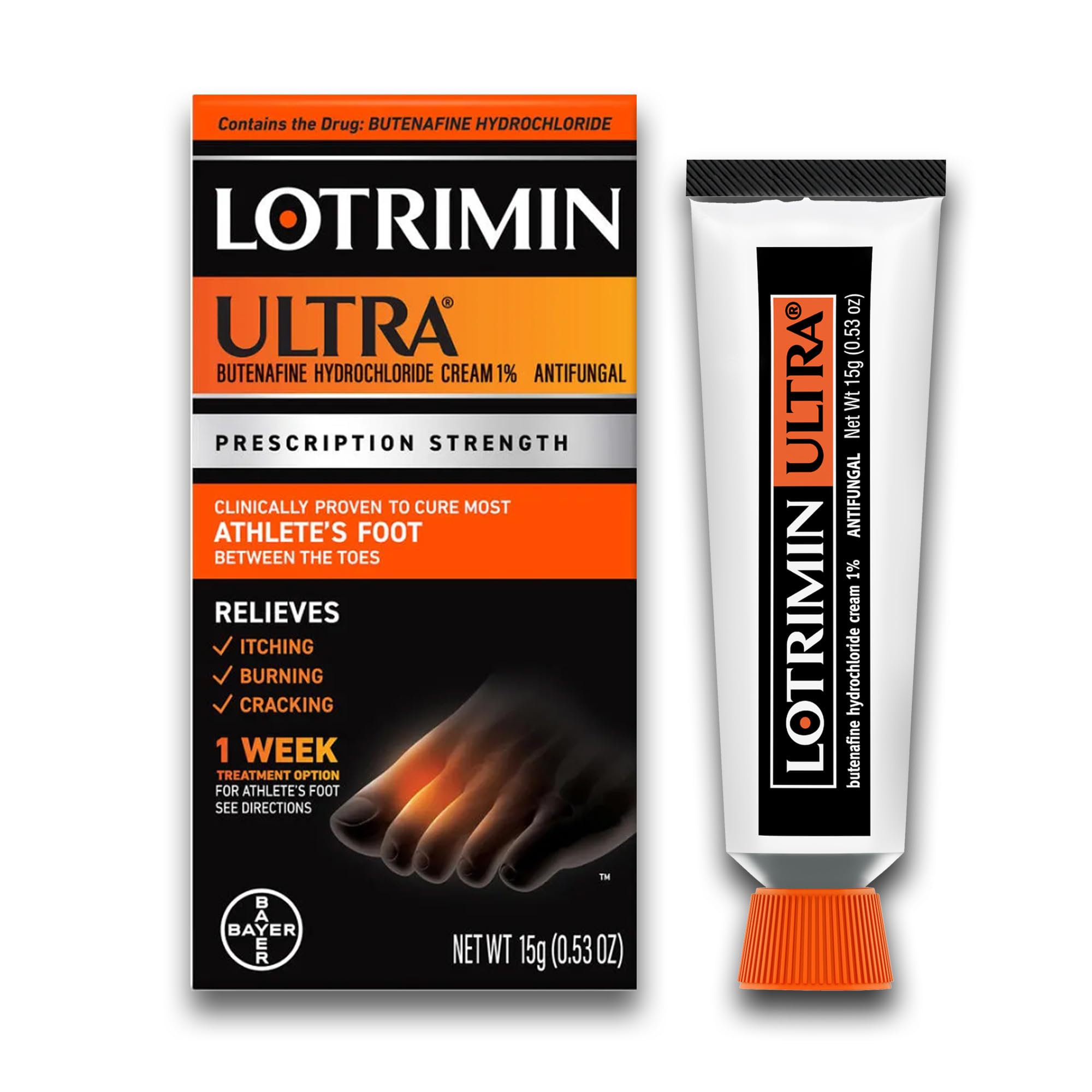 Lotrimin Ultra frente del empaque mostrando el producto y beneficio rápido