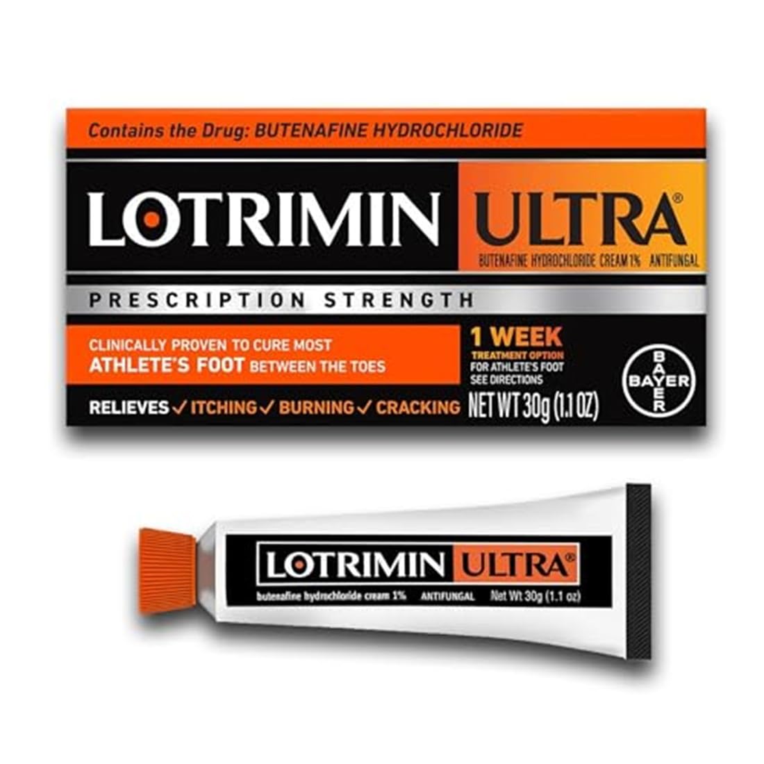 Lotrimin Ultra empaque frontal mostrando tubo y marca para fácil identificación
