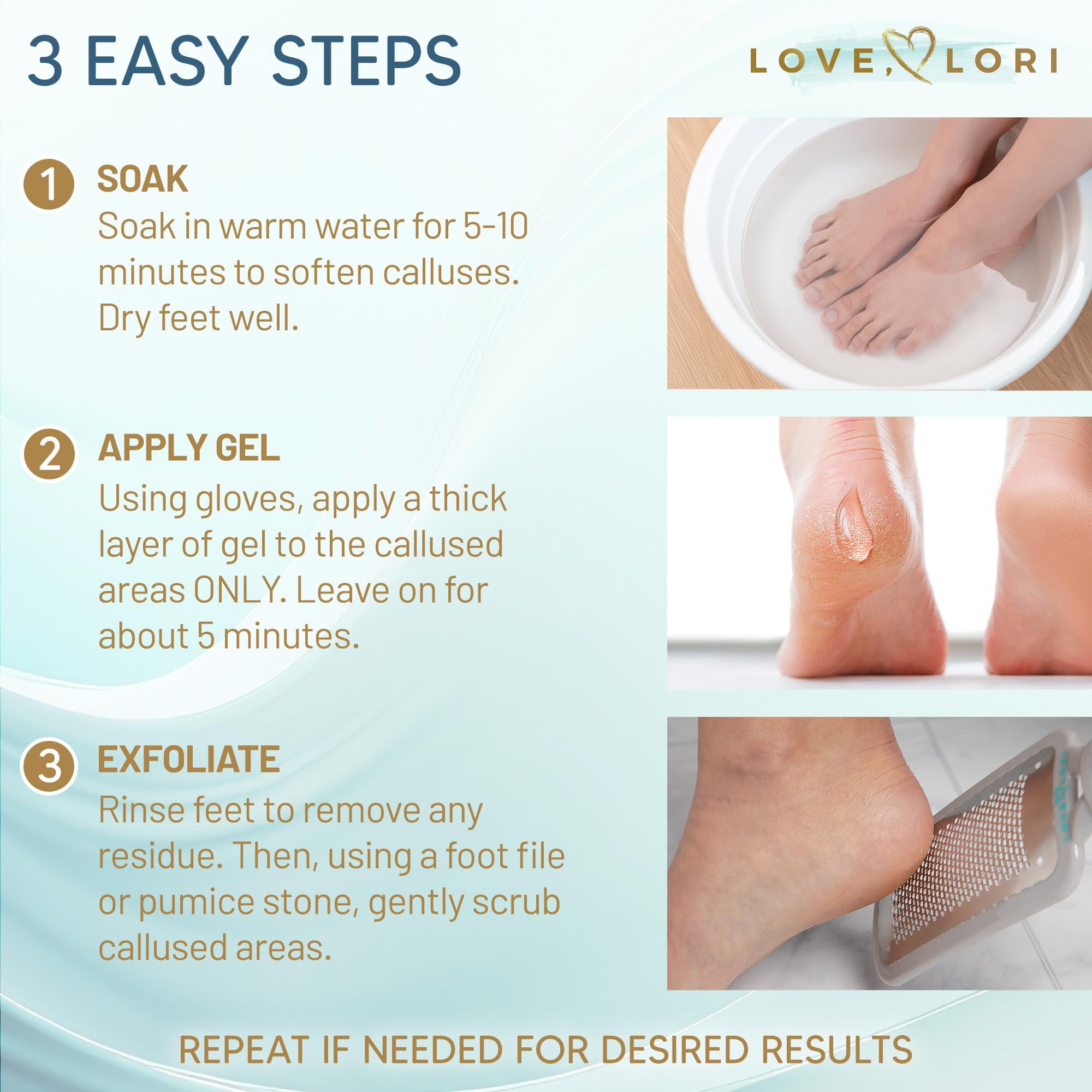 Love, Lori aplicación del gel con guantes demostrando uso seguro y limpio