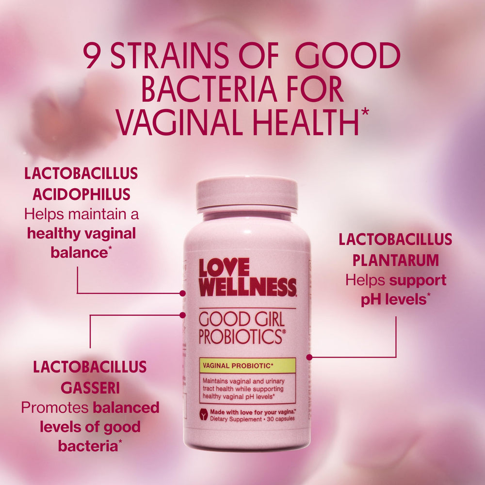 Love Wellness botella abierta con cápsulas, resaltando la cantidad de 30 dosis