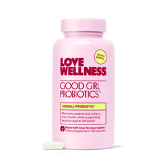 Love Wellness botella frontal Good Girl Probiotics, claridad en uso diario