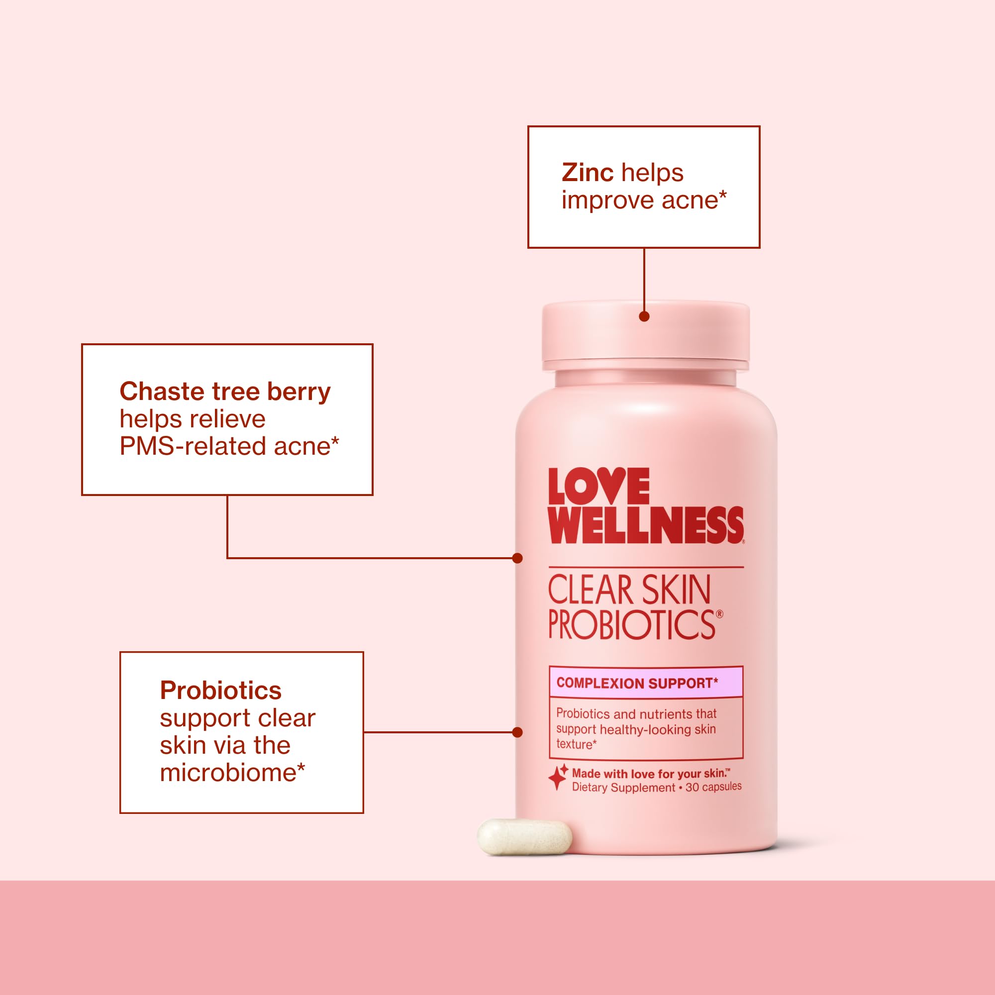 Etiqueta de Love Wellness Clear Skin con ingredientes clave y beneficios listados