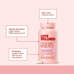 Etiqueta de Love Wellness Clear Skin con ingredientes clave y beneficios listados