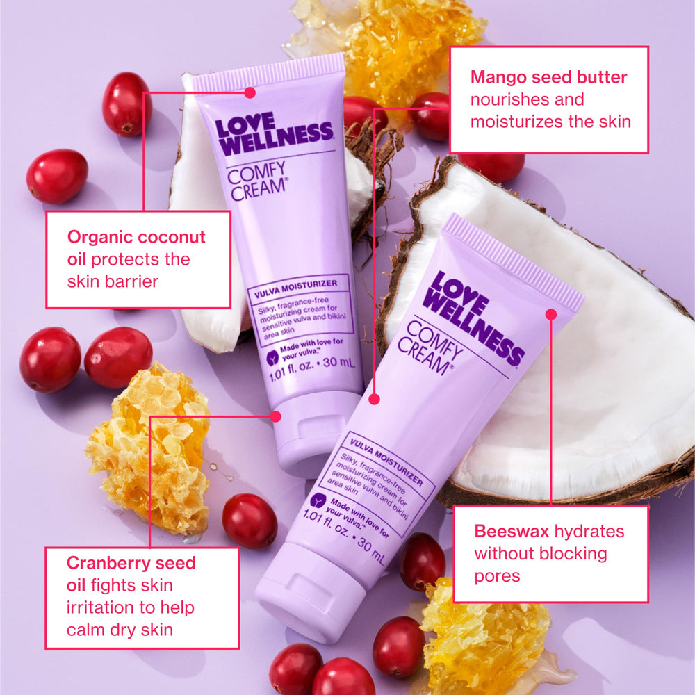 Love Wellness Comfy Cream aplicación en la mano, confort tópico tras depilación