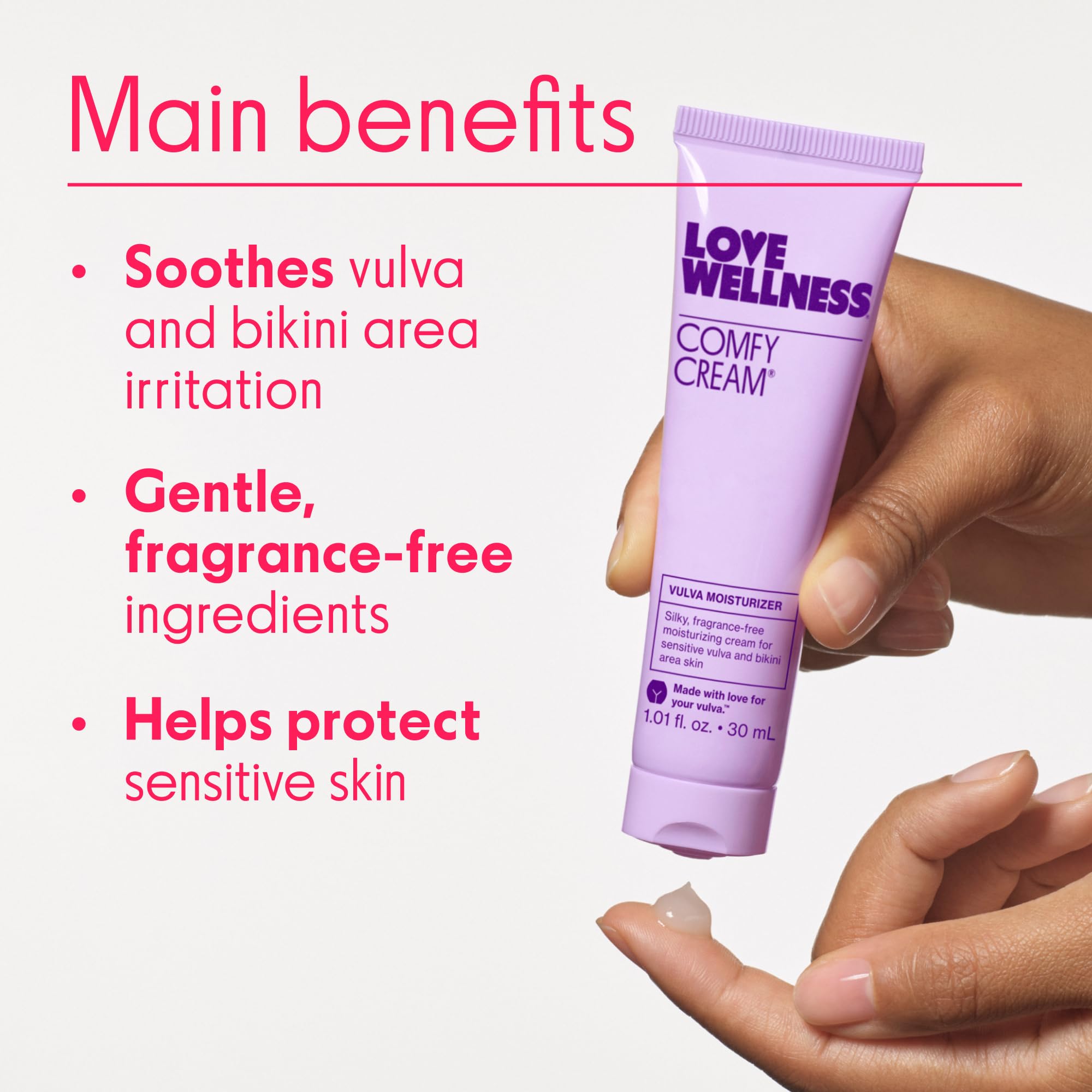 Love Wellness Comfy Cream primer plano de ingredientes clave, nutrición con aceites naturales