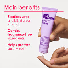 Love Wellness Comfy Cream primer plano de ingredientes clave, nutrición con aceites naturales
