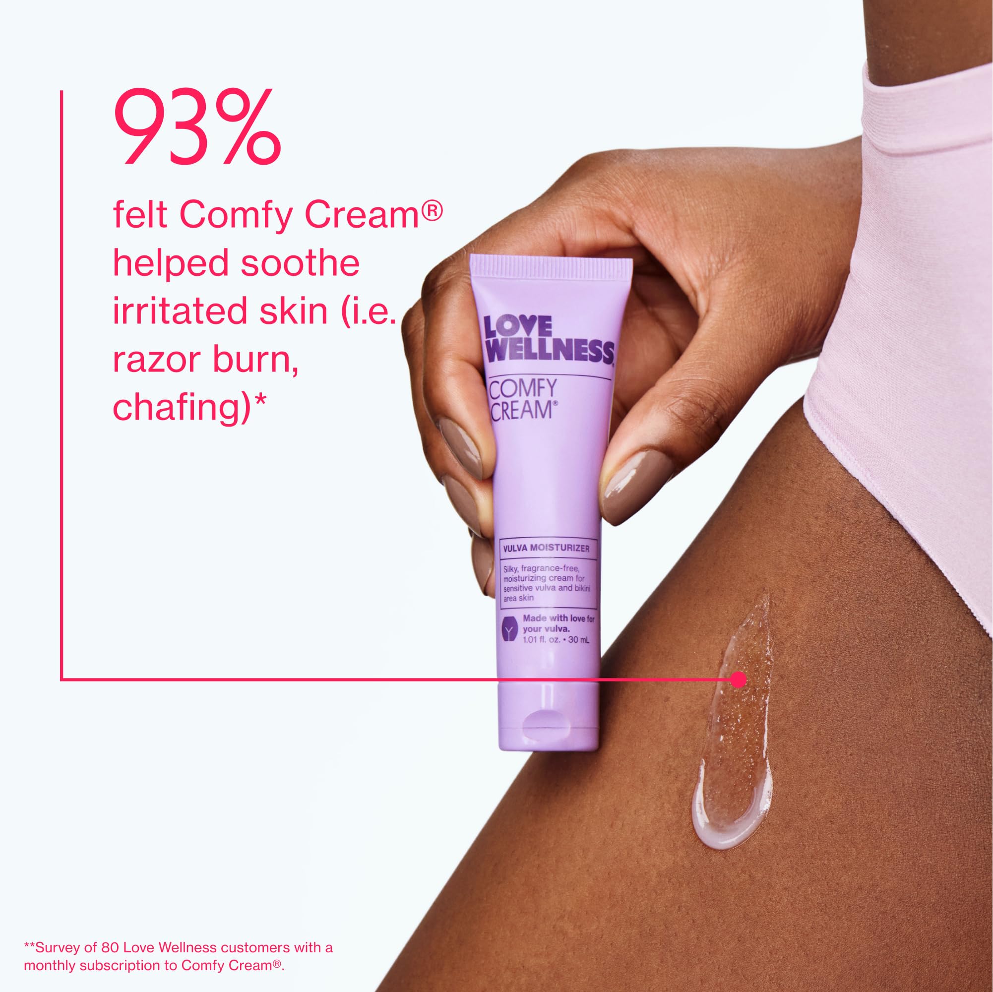 Love Wellness Comfy Cream en baño junto a toallas, rutina de cuidado íntimo calmante