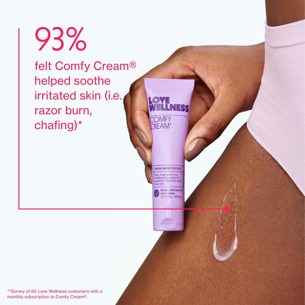 Love Wellness Comfy Cream en baño junto a toallas, rutina de cuidado íntimo calmante