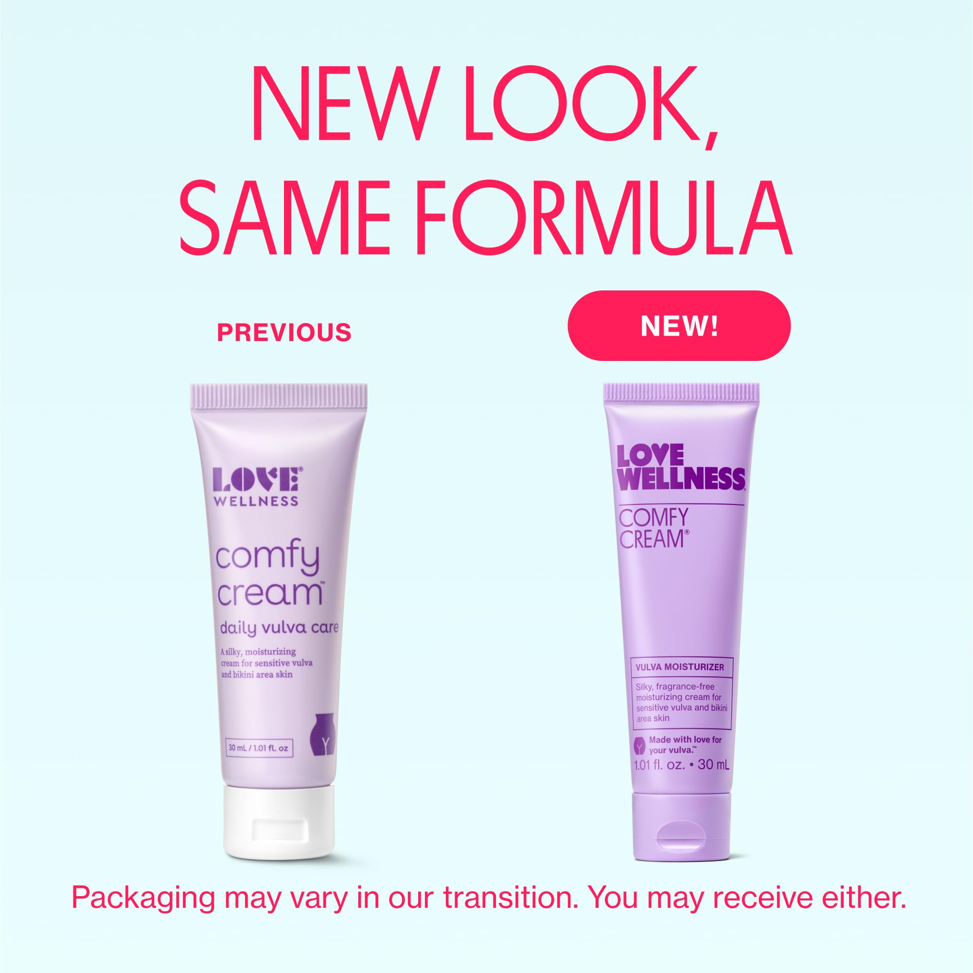 Love Wellness Comfy Cream tubo abierto mostrando textura cremosa, hidratación sin grasa