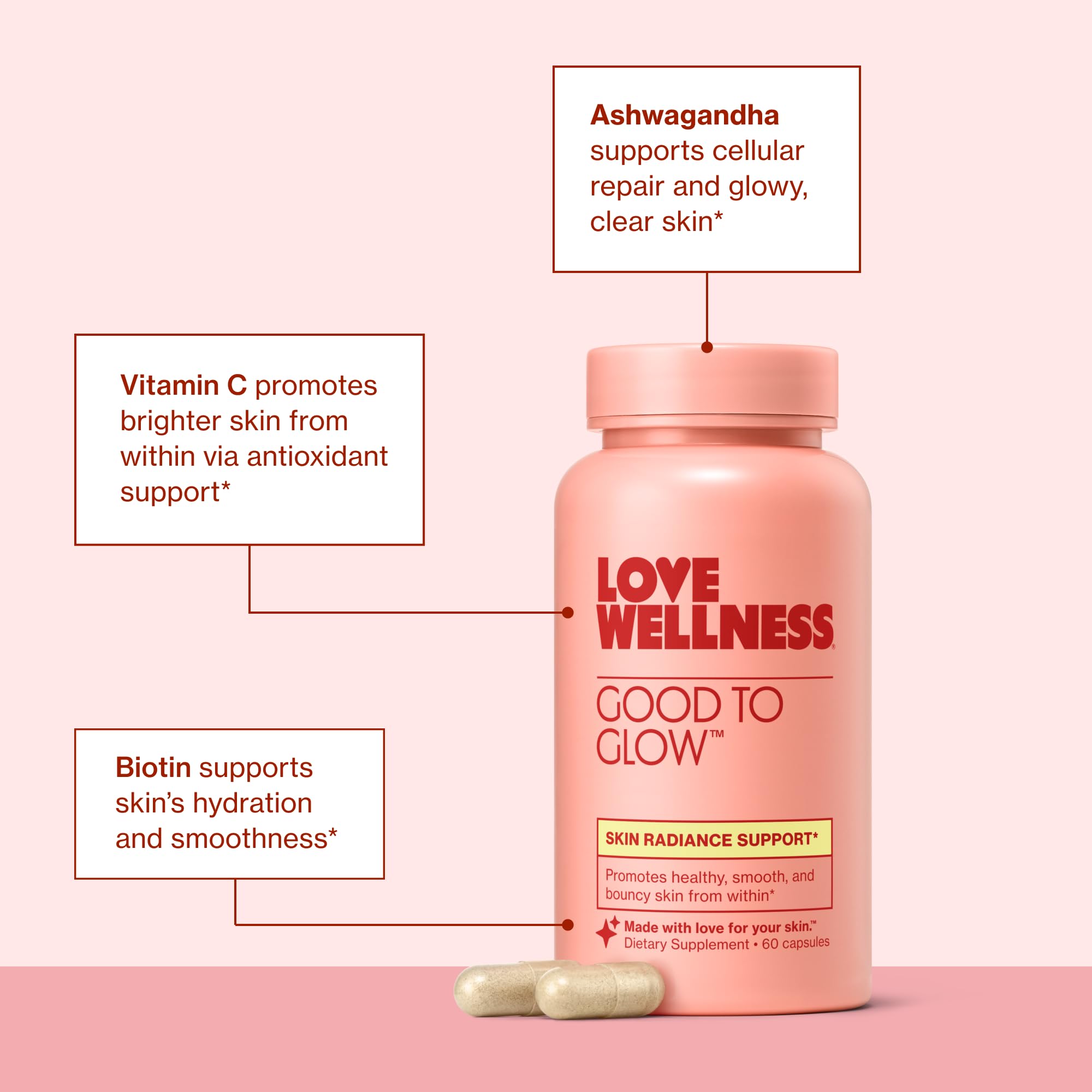 Love Wellness comparativa de tamaño junto a objetos cotidianos