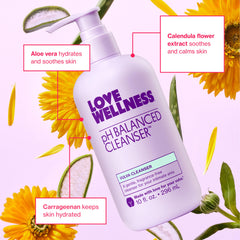 Love Wellness detalle de etiqueta que resalta pH balanceado y sin fragancia