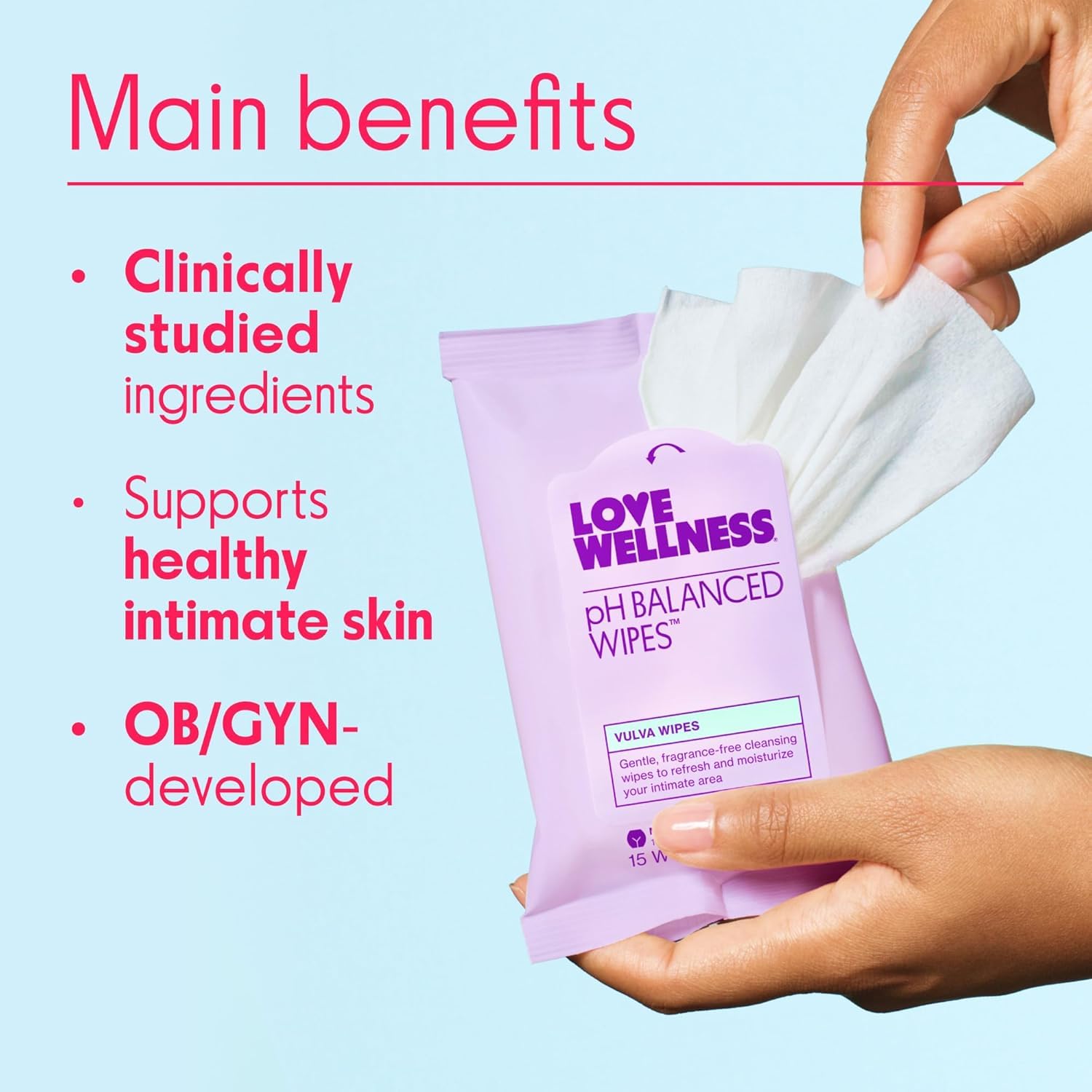 Love Wellness toallita en mano limpiando zona externa con comodidad