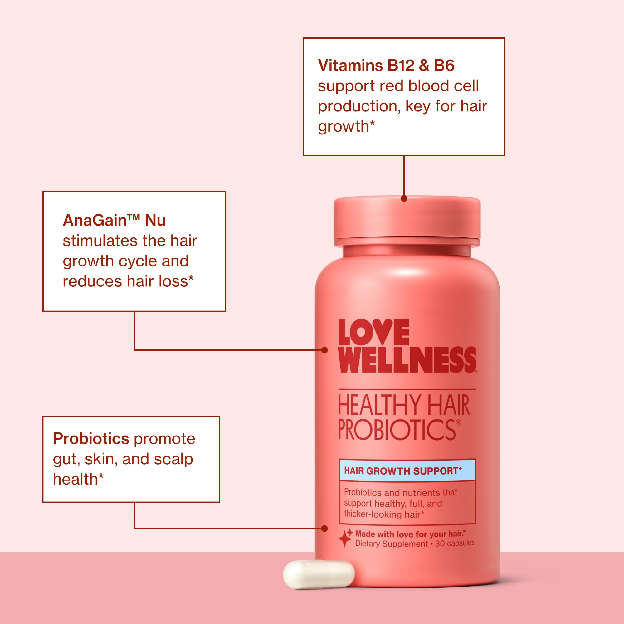 Love Wellness frasco abierto con cápsulas listas para uso diario