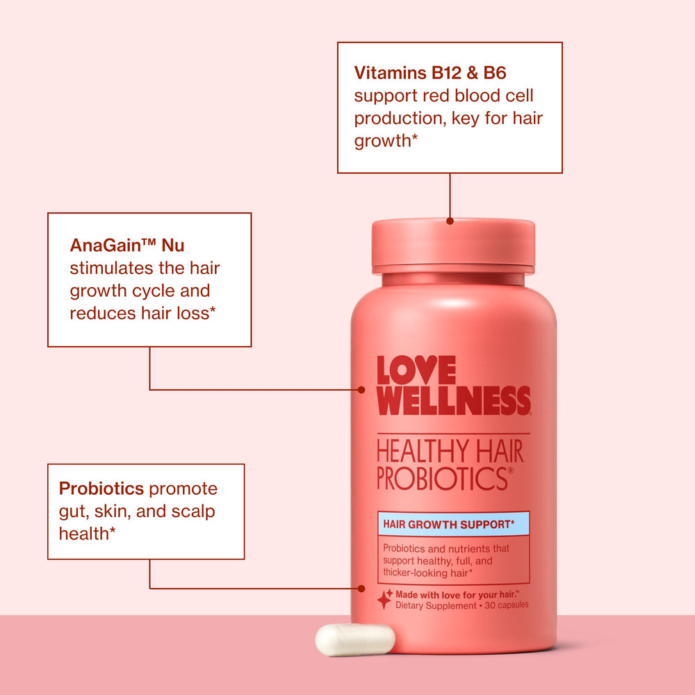 Love Wellness frasco abierto con cápsulas listas para uso diario