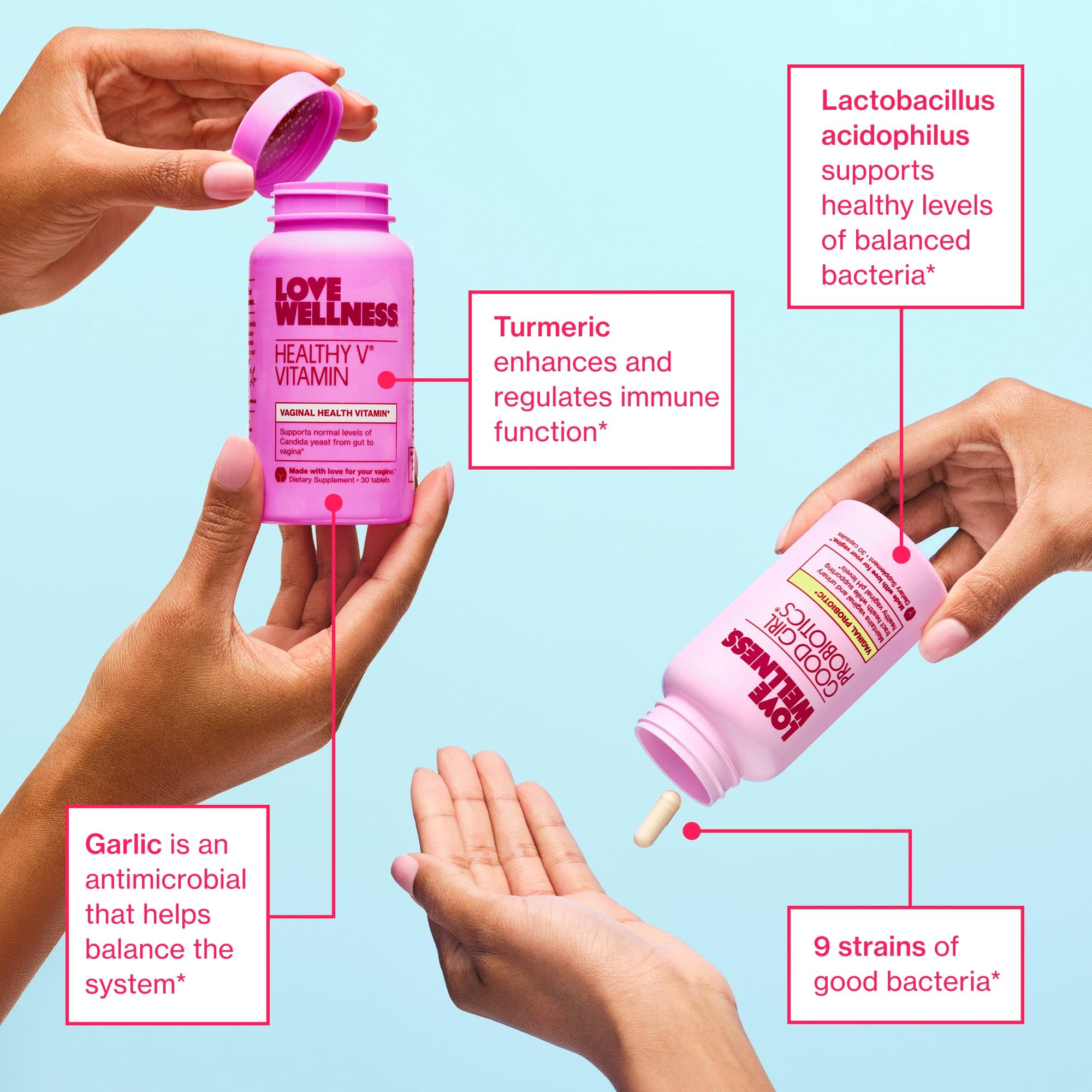 Love Wellness envases abiertos en manos mostrando contenido y facilidad de uso
