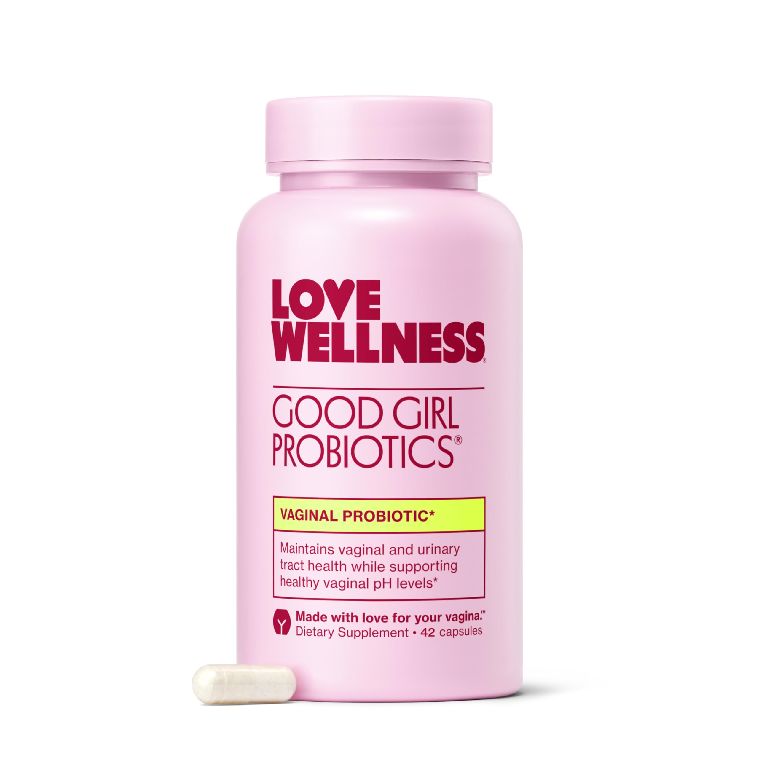 Love Wellness frasco delantero mostrando la etiqueta y beneficios