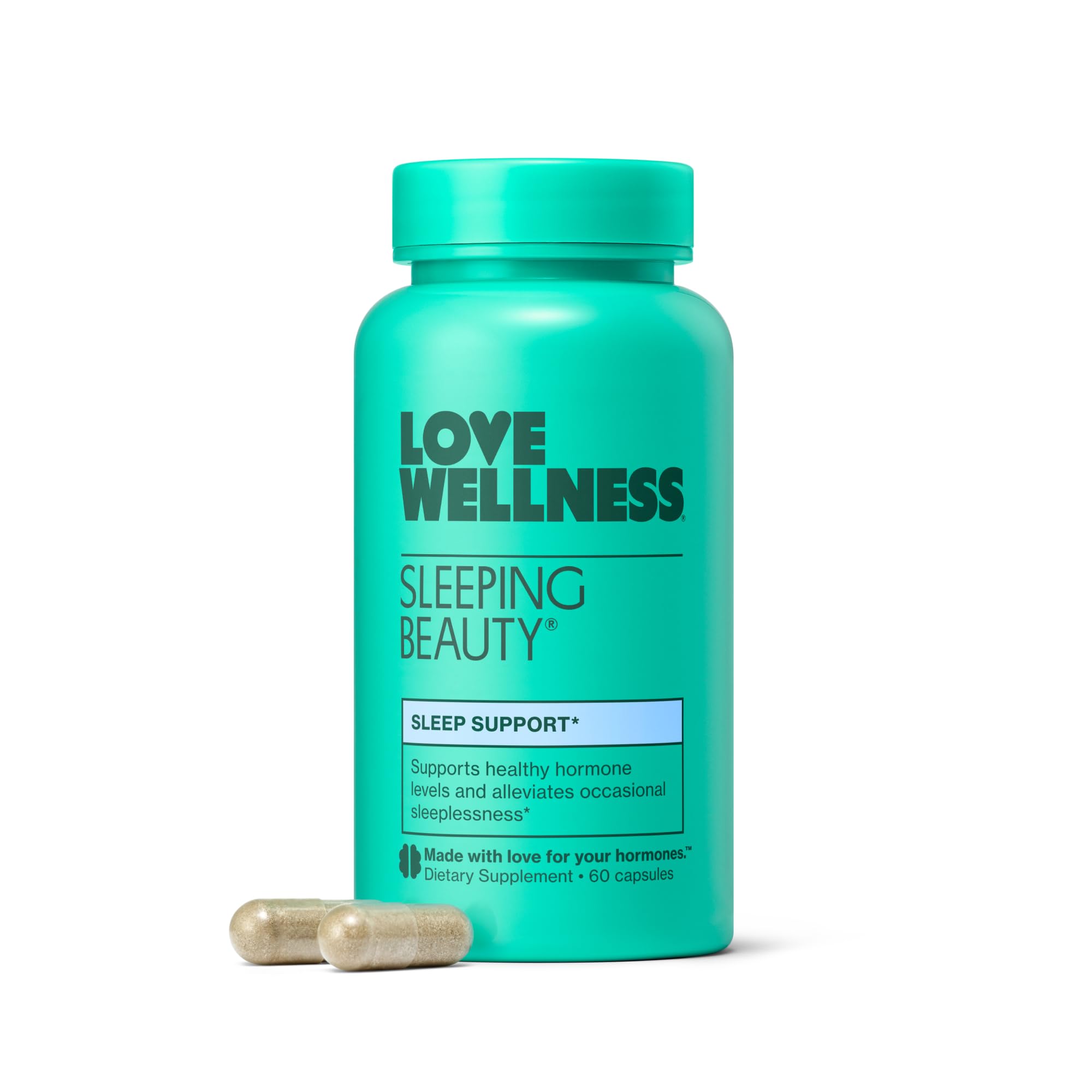 Love Wellness empaque frontal mostrando beneficios y conteo de cápsulas