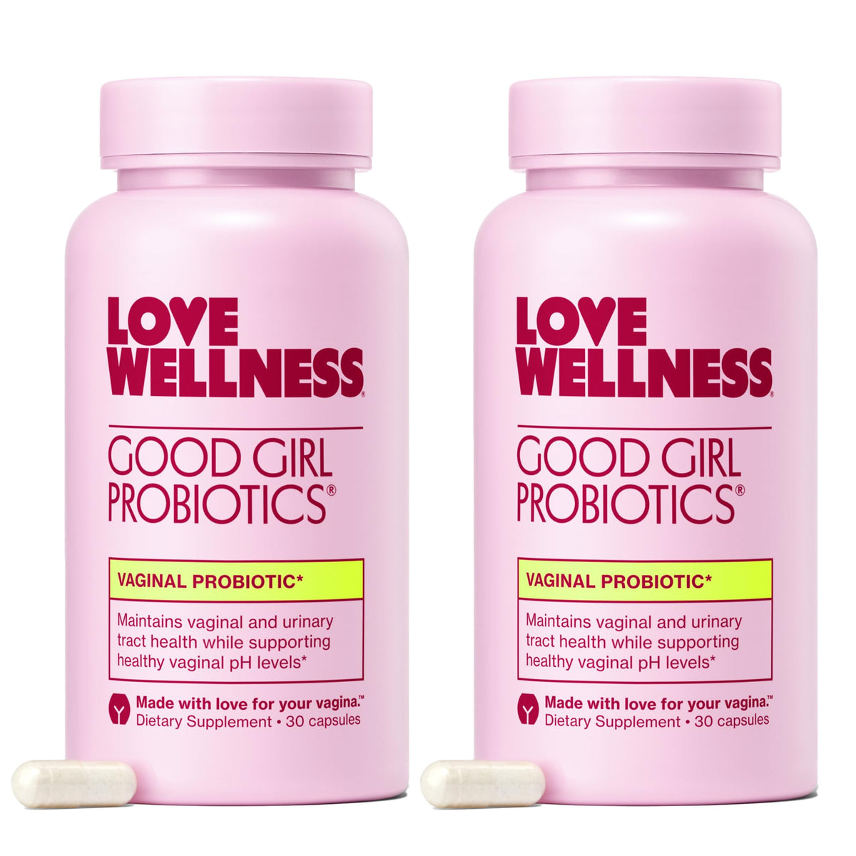 Love Wellness frente del envase mostrando la marca y beneficio de equilibrio íntimo