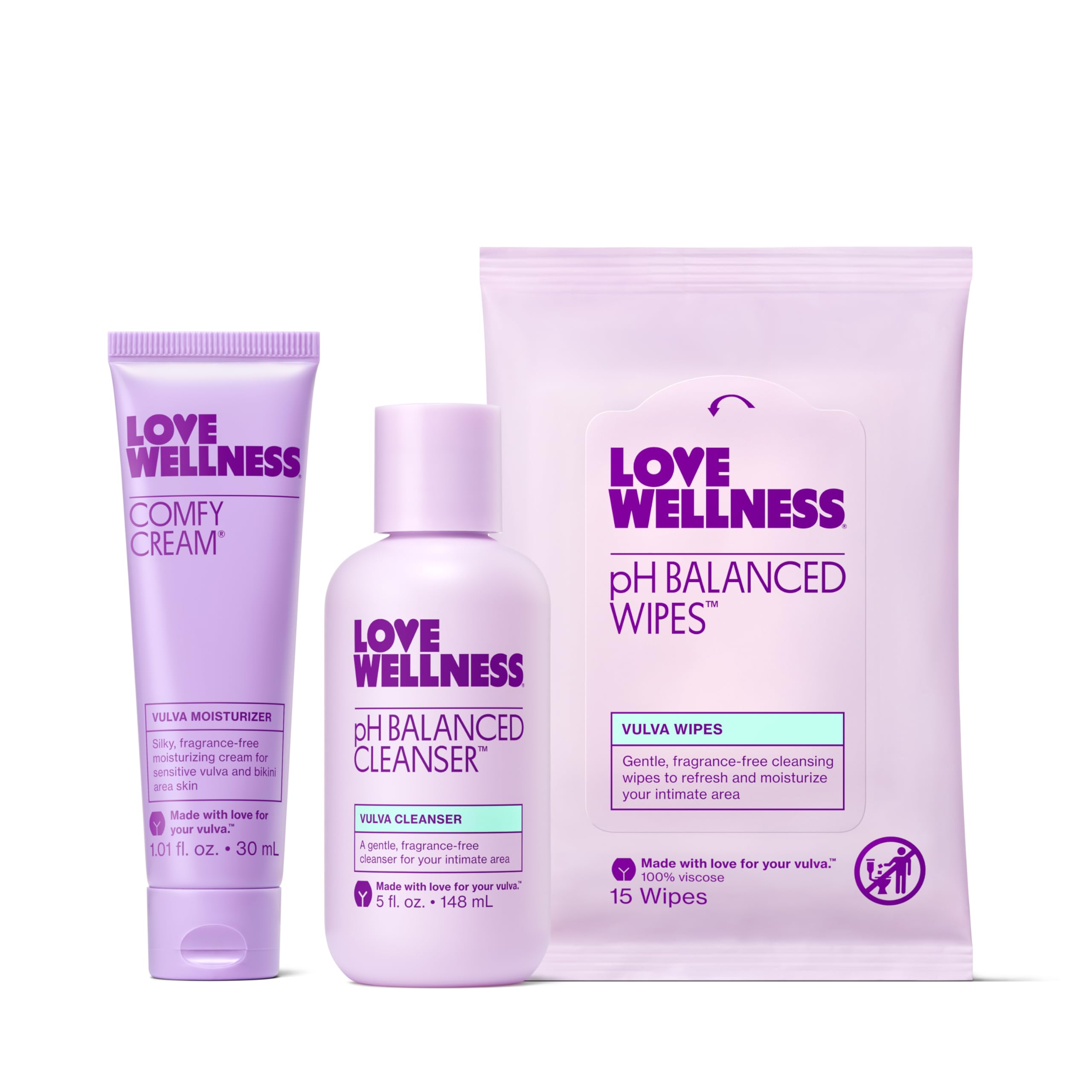Love Wellness pack frontal mostrando limpiador crema y toallitas, comodidad diaria