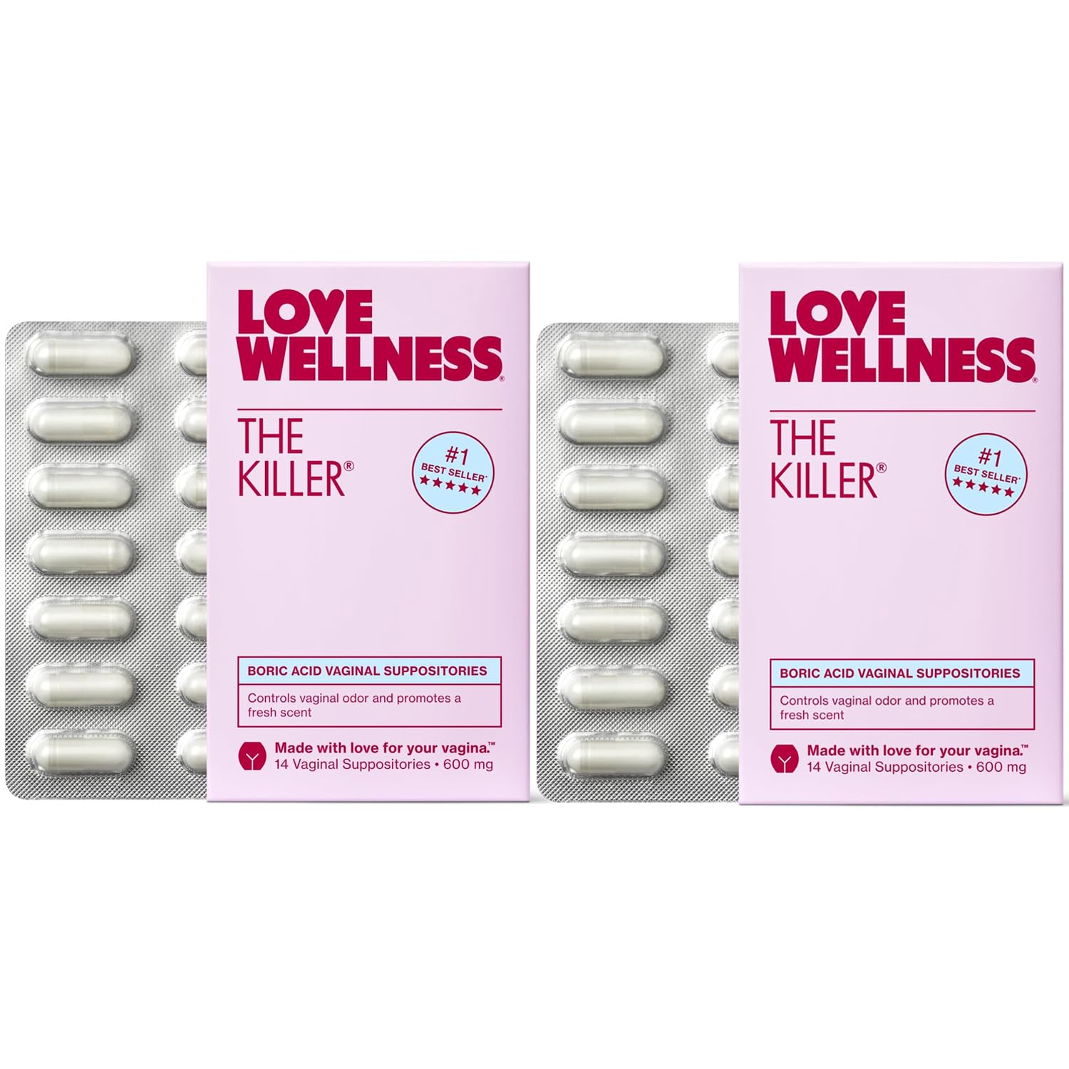 Love Wellness empaque frontal mostrando 28 supositorios para comodidad nocturna