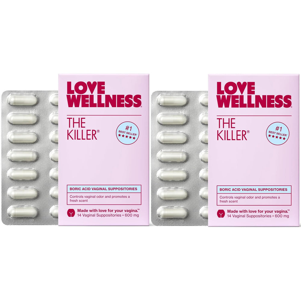 Love Wellness empaque frontal mostrando 28 supositorios para comodidad nocturna