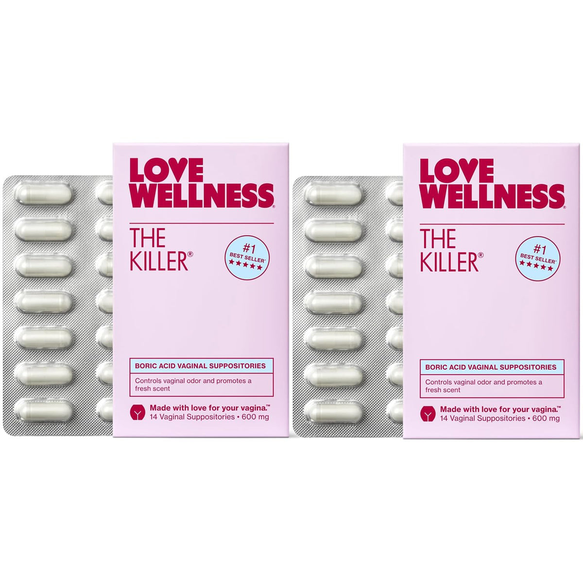 Love Wellness empaque frontal mostrando 28 supositorios para comodidad nocturna