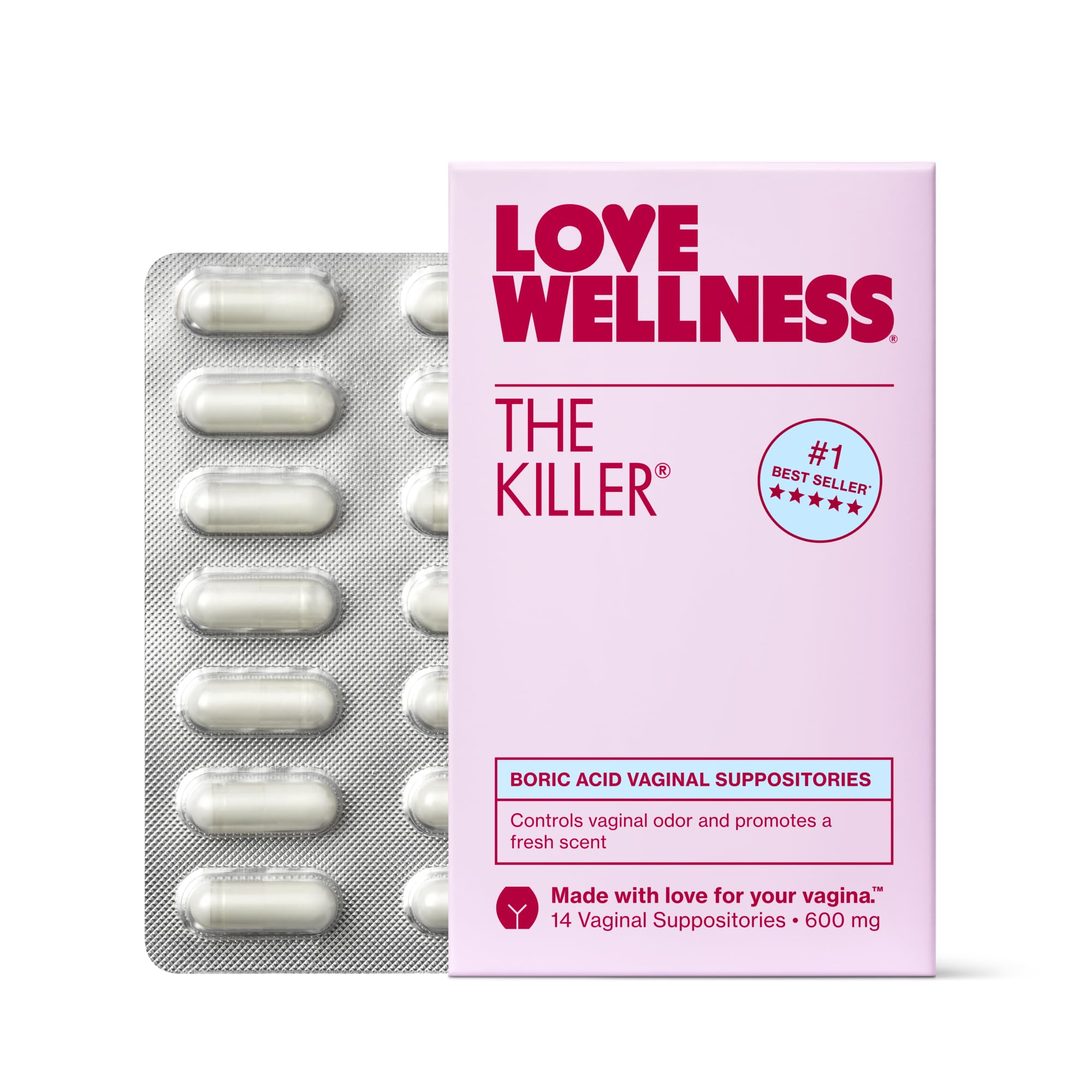 Love Wellness The Killer frente del empaque mostrando marca y conteo, aporta confianza