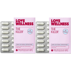 Love Wellness empaque frontal mostrando 28 supositorios para comodidad nocturna