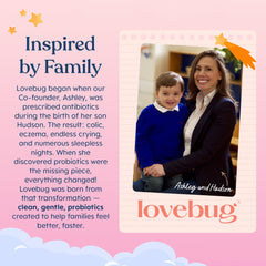 LOVEBUG comparación de tamaño del sobre junto a juguete infantil para escala