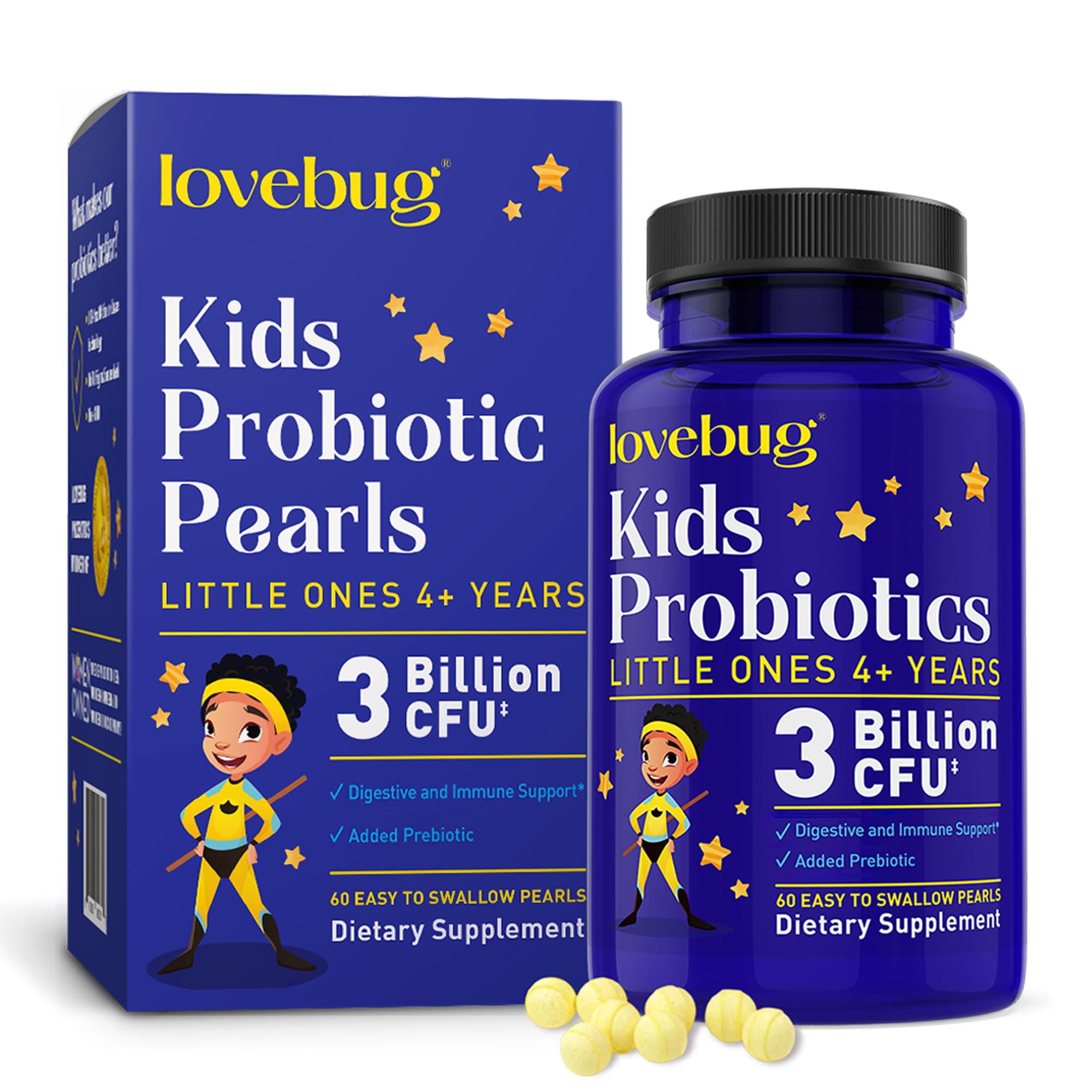 LOVEBUG envase frontal mostrando probiótico infantil y beneficios claros