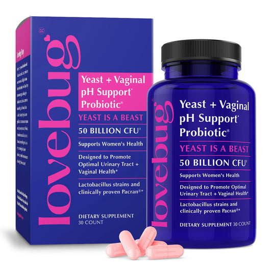 LOVEBUG frontal del envase mostrando la marca y beneficio de apoyo íntimo