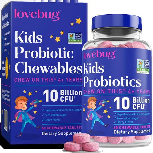 LOVEBUG envase frontal mostrando 60 masticables y beneficios visibles