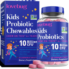 LOVEBUG envase frontal mostrando 60 masticables y beneficios visibles