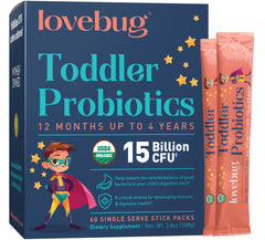 LOVEBUG vista frontal del paquete con sobres fáciles de llevar y dosificación clara