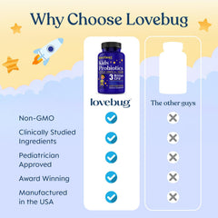 LOVEBUG etiqueta con lista de cepas y prebióticos para transparencia