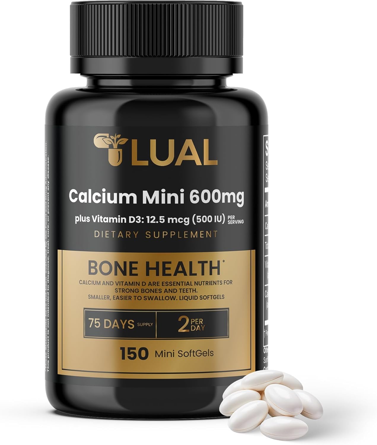 LUAL envase frontal mostrando 150 mini softgels y beneficios prácticos
