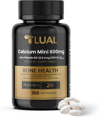 LUAL envase frontal mostrando 150 mini softgels y beneficios prácticos