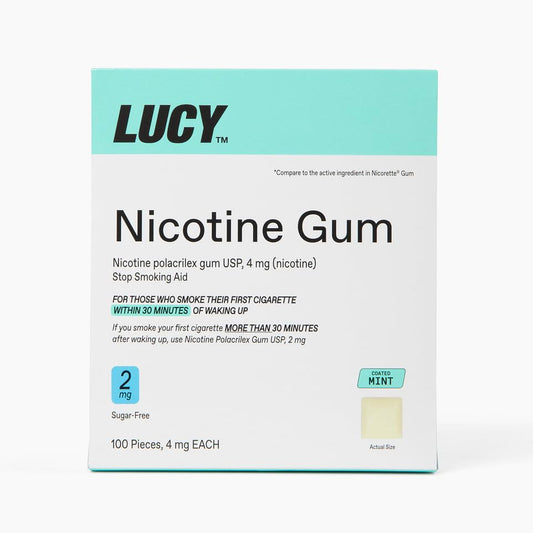LUCY chicle 2 mg frontal mostrando la caja y beneficio práctico