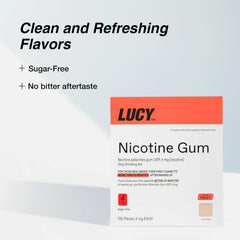Envase LUCY abierto con chicles visibles, beneficio: piezas selladas y frescura