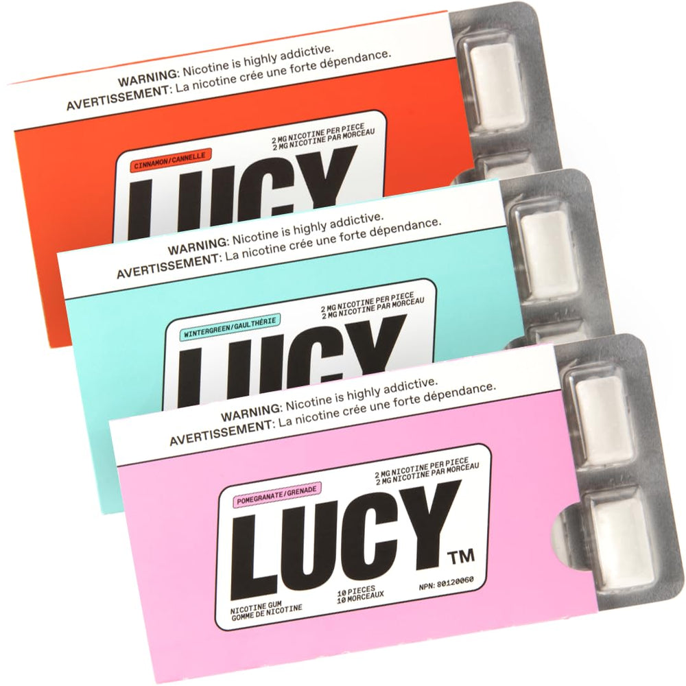 LUCY chicle frontal del envase que muestra 90 unidades y dosis 2 mg