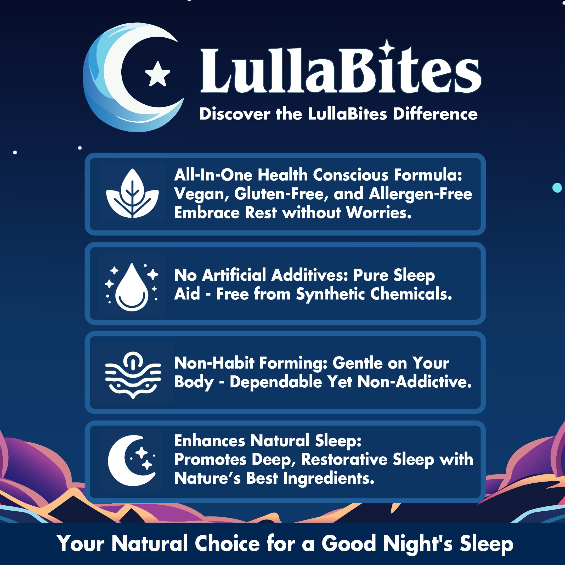 LullaBites envase sobre mesita nocturna en ambiente relajante