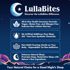 LullaBites envase sobre mesita nocturna en ambiente relajante